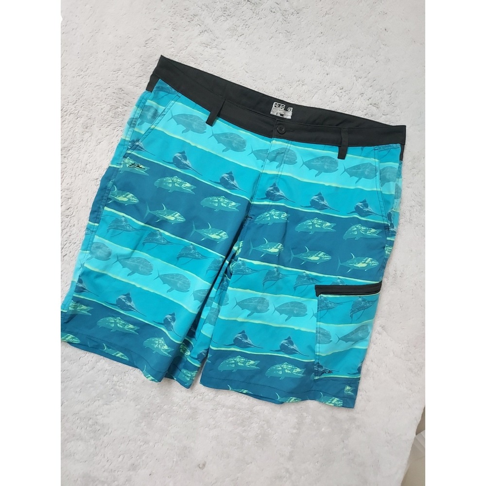 Huk Shorts Mens 40 Performance Fishing Fish Print Blue Teal Hybrid Surf Swim